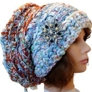 Handmade Crochet Knit Multi-fiber Boho Slouchy Beret Hat